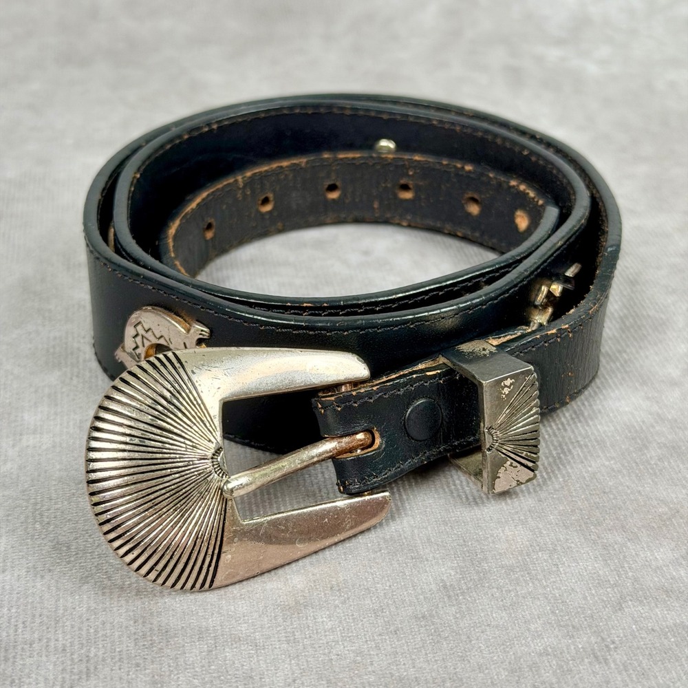 Vintage Silver Creek Black Leather Western Bull Skull Concho Belt 1990 USA Made